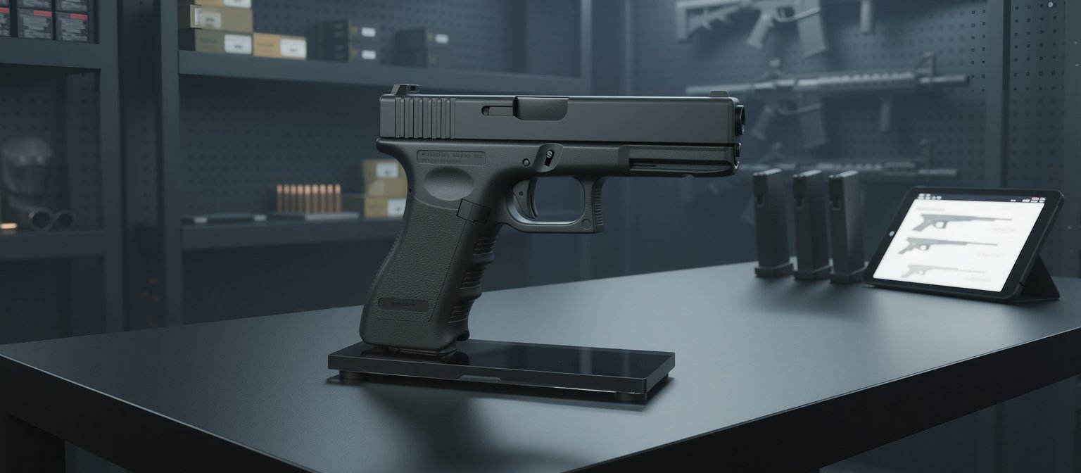 Universal Pistol Display Stand with Reflective Glass Base