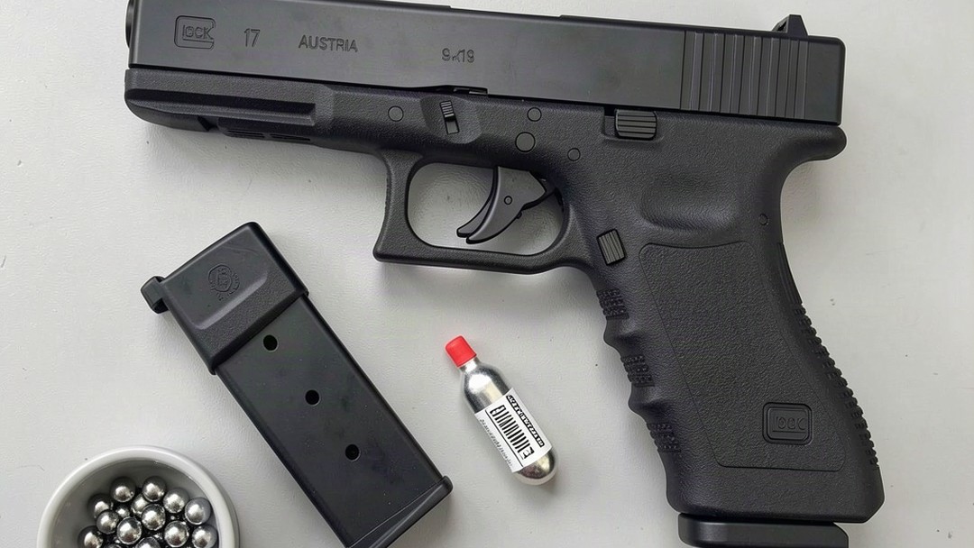 Glock 17 with rotary magazine and 12g CO2 capsule