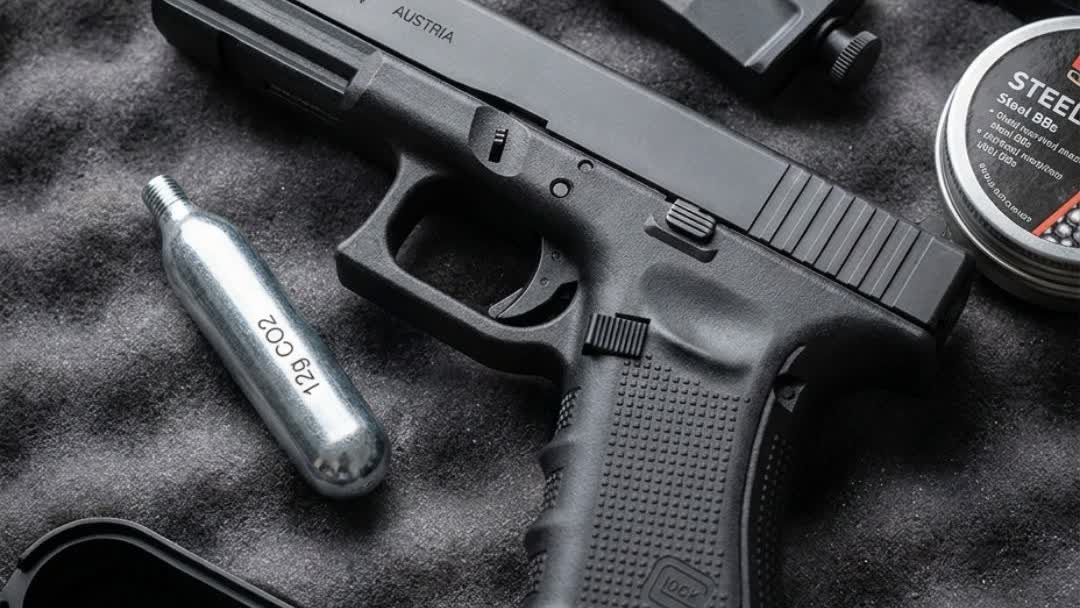 Glock 17 Gen4 CO2 Air Pistol kit laid out with CO2 capsule, BBs and speed loader