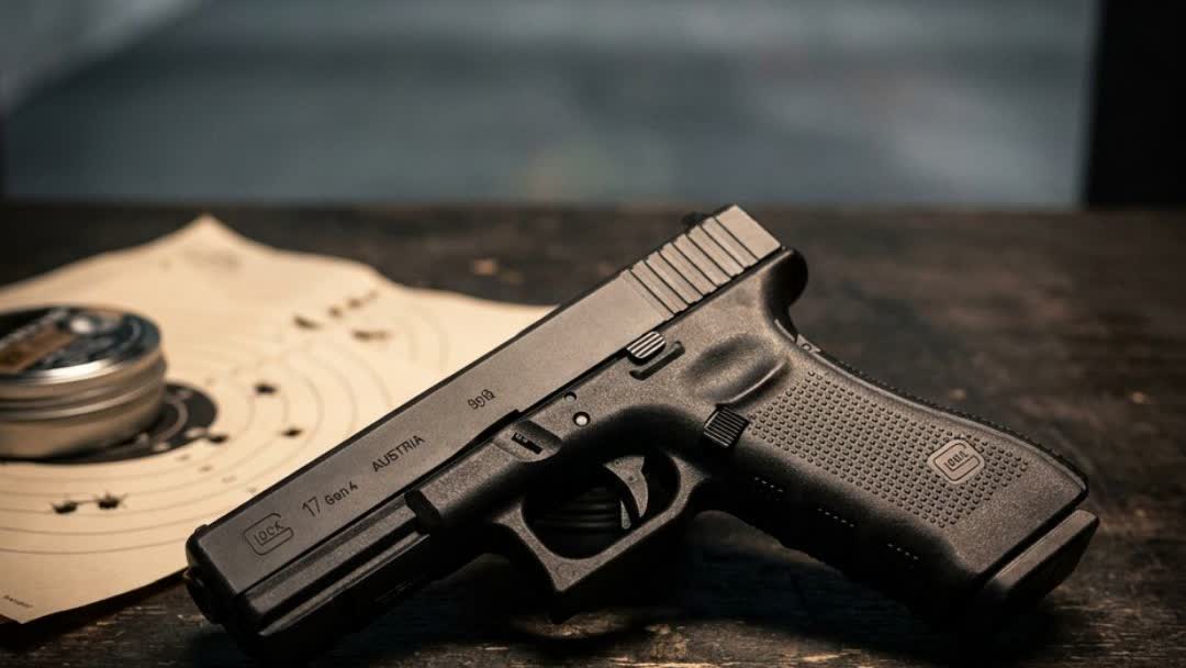 Glock 17 Gen4 CO2 Air Pistol on a shooting range bench